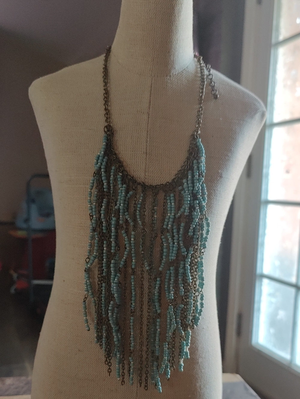 Turquoise Beaded Fringe Necklace - Women Jewelry